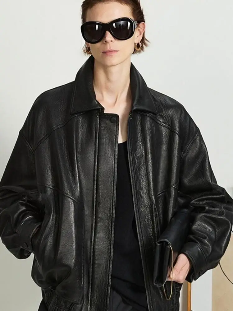 Office Female Turn-Down Collar Genuine Leather Jackets Solid Color Sheepskin Long Sleeves Slim Outerwear