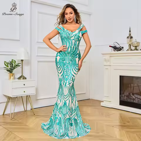 Luxurious Sequin Off-Shoulder Mermaid Evening Dress vestidos de festa Sleeveless Floor-Length Gown Formal Events