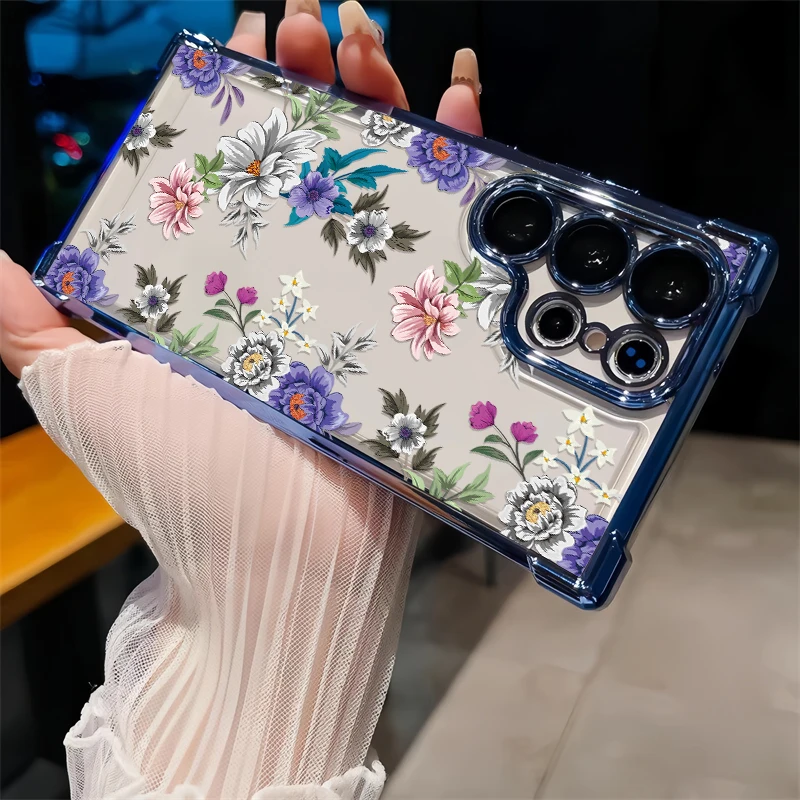 S26 Ultra Clear Silicone Phone Case For Samsung Galaxy S26 Edge S26+ S25 FE S24 Plus Luxury Floral Pattern Plating Cover