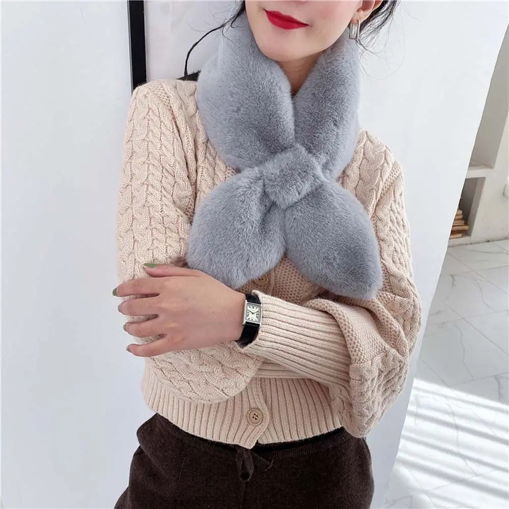 

Neck Protection Girls Windproof Women Cross Scarf Imitation Rabbit Fur Scarf Korean Style Wraps Comfortable Neckerchief