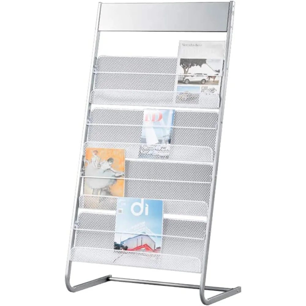 

Floor-standing magazine rack, carbon iron steel, silver, 4 large shelves, easy to install, suitable for reception areas