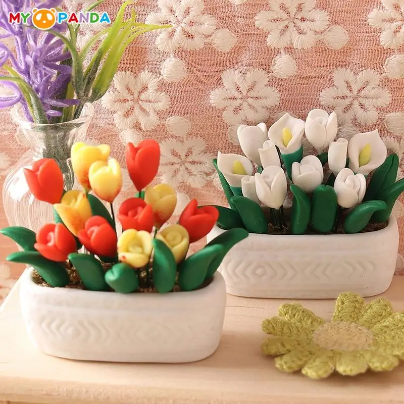 

1:12 Dollhouse Miniature Tulip Potted Plant Flowerpot Bonsai Clay Flowerpot Model Doll House Home Garden Scene Decor Accessories