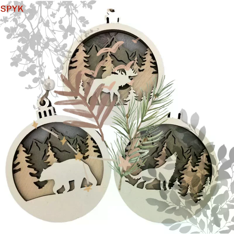 Rustic Wildlife Wood Cutout Hanging Decor Layered Hollow Mountain Bear Wolf Elk Bauble Winter Holiday Tree Decoration