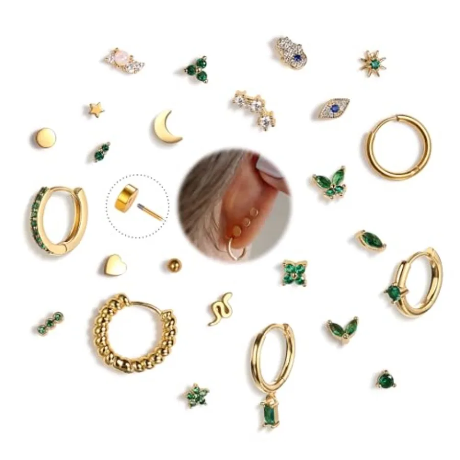 

KRFY 25Pcs/17 Pairs Hypoallergenic Surgical Steel Earrings for Sensitive Ears 14K Gold Plated Flat Back Cartilage Earrings for