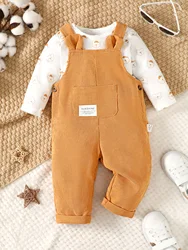 2PCS Infant Baby Boy Clothes Set Cute Bear Head Print Long Sleeve Bodysuit+Strap Spring&Autumn Suit for Toddler Boy 0-2 Years