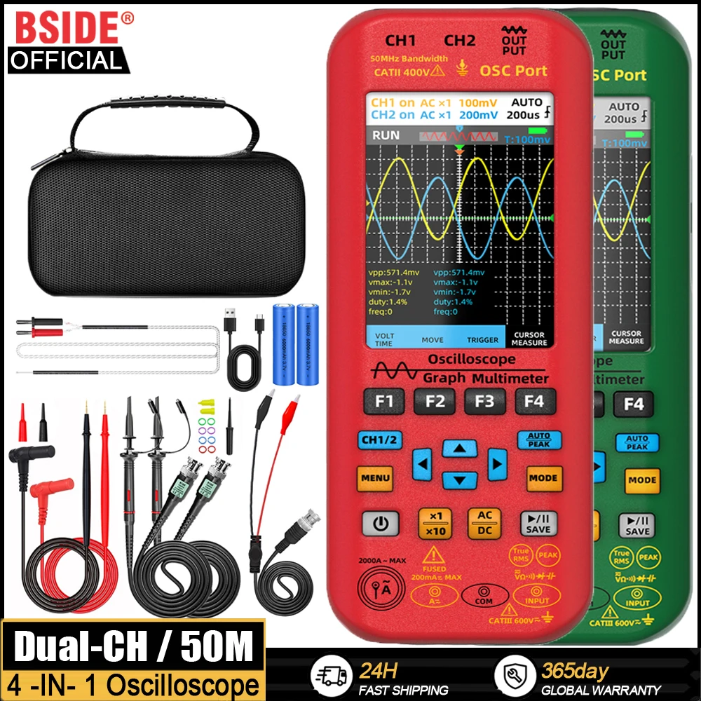 

BSIDE 4-IN-1 Handheld Oscilloscope Digital Multimeter+Function Signal Generator Dual Channel O7:25MHz/O9:50MHz Current Tester