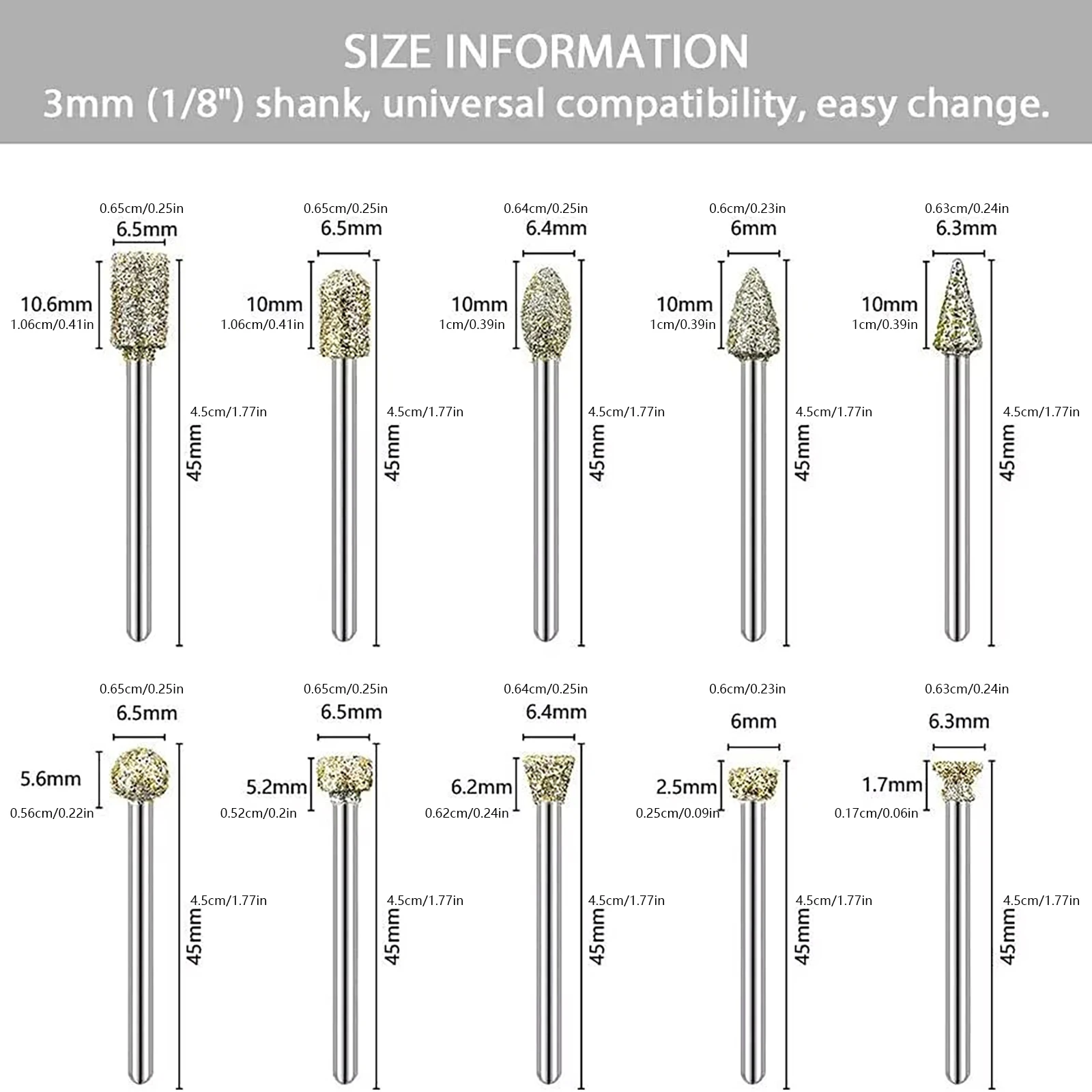 20Pcs Diamond Burr Set 3mm Shank Rotary Grinding Bit Diamond Coated Drill Bits for Dremel Engraving Stone Glass Metal Ceramics