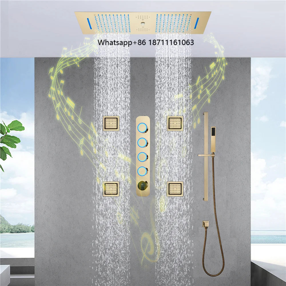 Ceiling Embedded 36*12inch Led Rain&Waterfall Shower Head with Music Speaker Temperature Display Thermostatic Shower Faucet Set