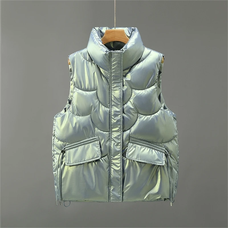 Womens Sleeveless Warm Puffer Vest Outerwear Stand Collar Zipper Up Shiny Solid Padded Gilet Waistcoat with Pockets D10 22 Drops