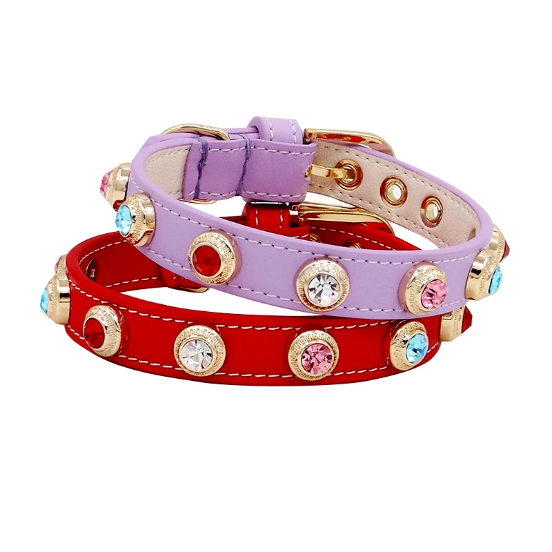 

Colors Diamond Pet Collar Small Dog Cat Crystal Necklace Bling Czech Rhinestone Puppy Collar Genuiner Leather