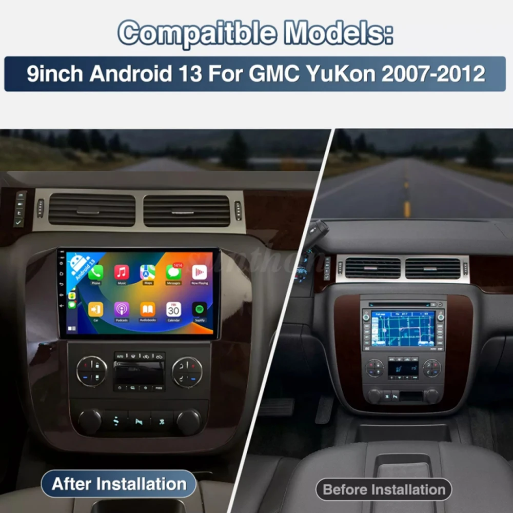 9 "6-44GB أبل Carplay أندرويد 13 راديو السيارة التلقائي FM AM BT وحدة رئيس لجي إم سي يوكون 2007-2012