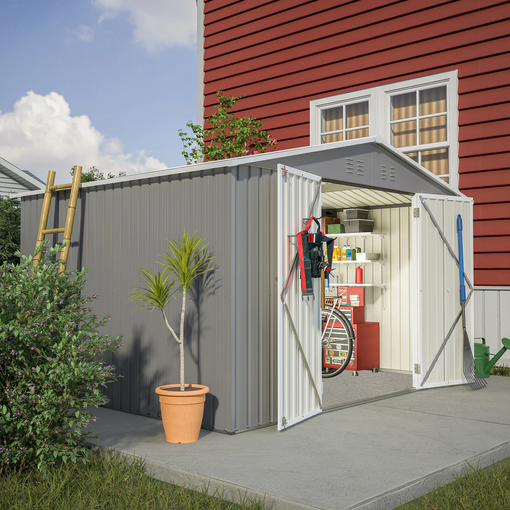 10X8 FT Outdoor Storage Shed All Weather Metal Sheds With Lockable Doors Tool Shed for Garden Patio Backyard Lawn Grey