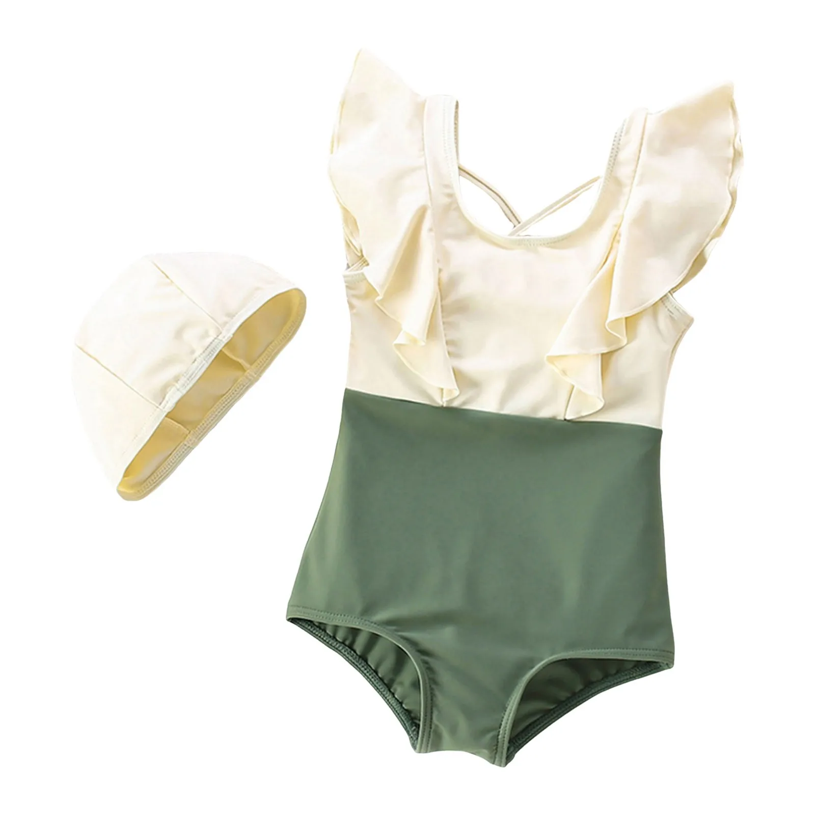 

Rose Sleeve Girls Swimsuit And Swimming Cap Cute Bathing Suit Hawaii Swimwear Mesh Swimsuit