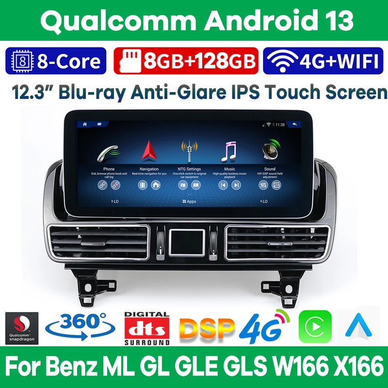 

12.3" 8+128G Qualcomm Android 13 GPS Car Video Player for Mercedes Benz ML GL GLE GLS W166 2012-2020 Auto Stereo CarPlay Screen