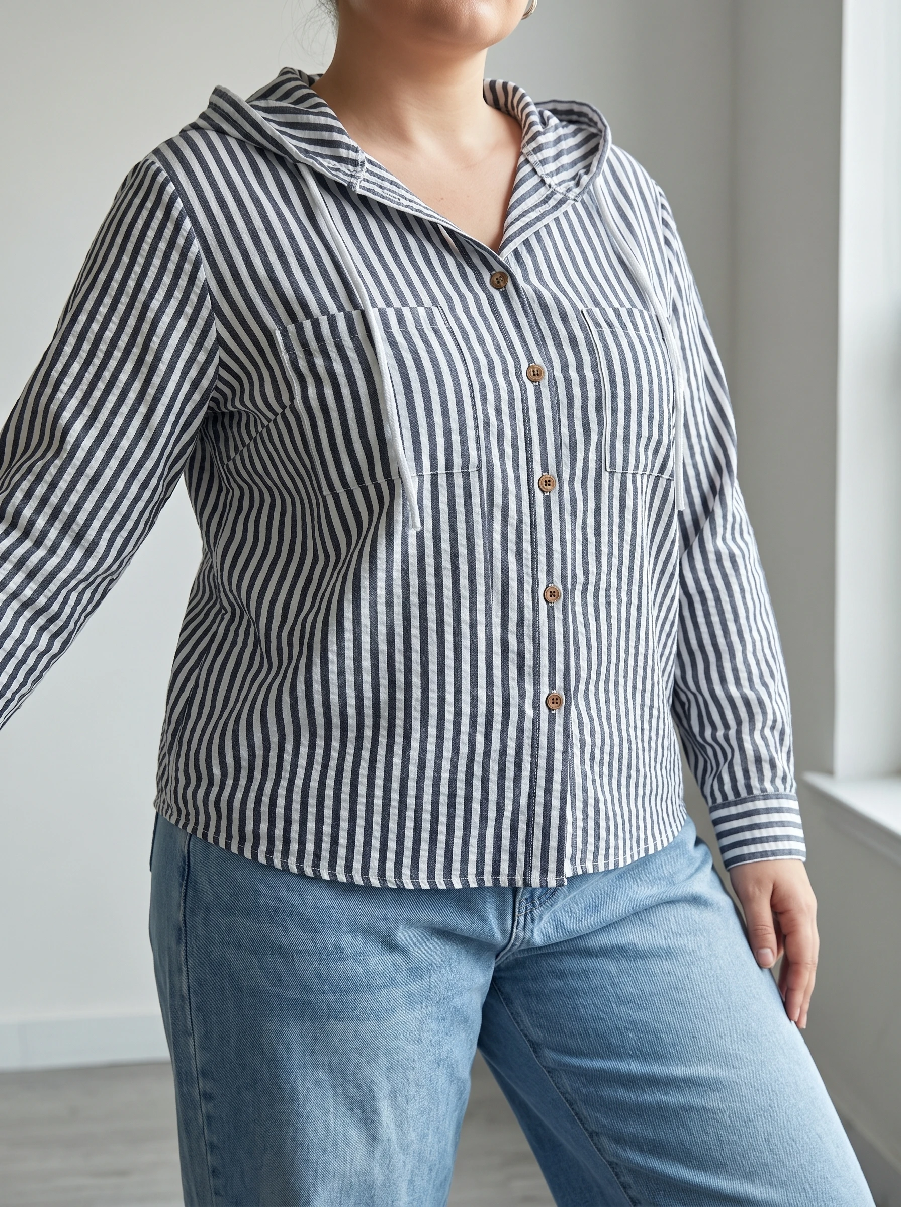 Gadinus Plus Size Women Striped Hooded Long Sleeve Top Loose Fit Casual Shirt view 3