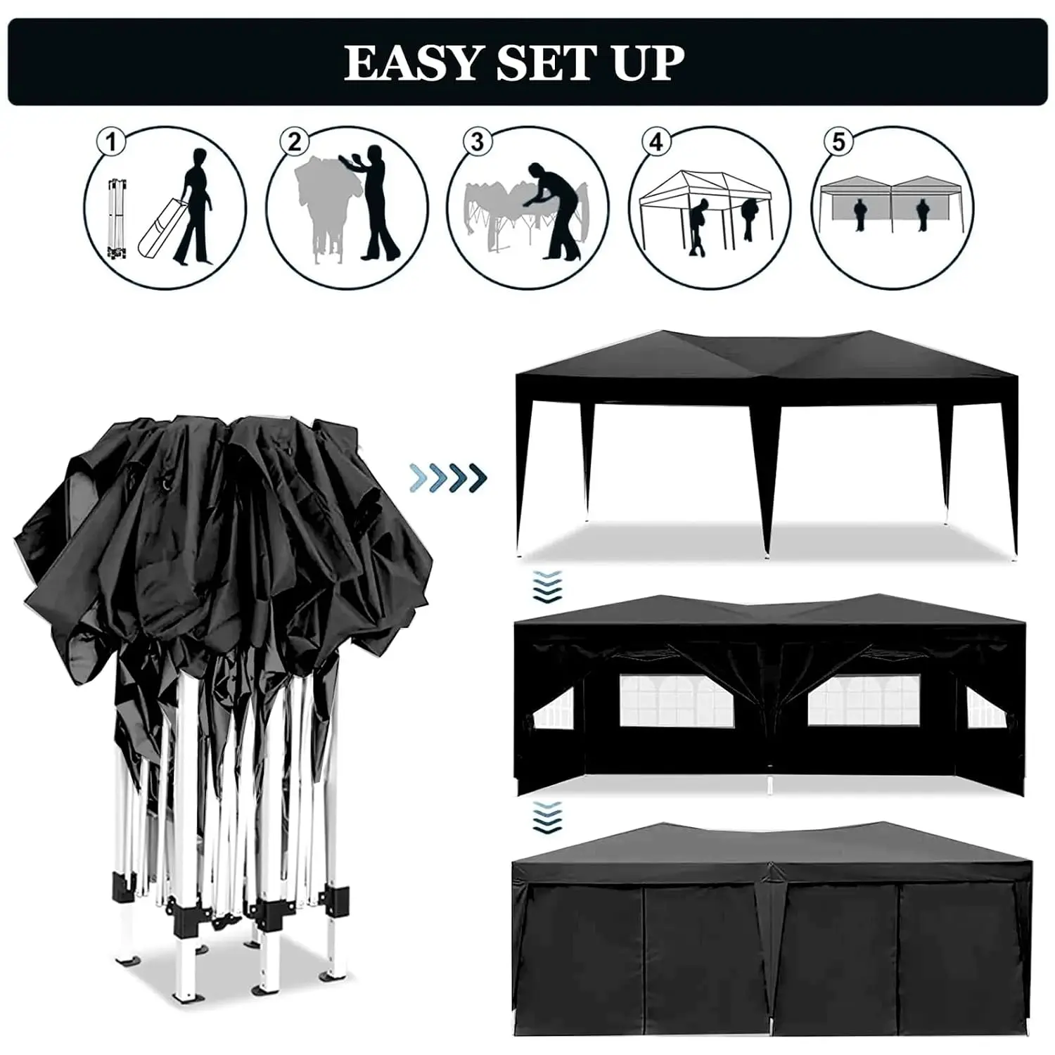 10x20 Black Pop Up Canopy Outdoor Party Tent with 6 Sidewalls, Wedding Party Tent Outdoor Waterproof UV50 Canopy, Customized view 6