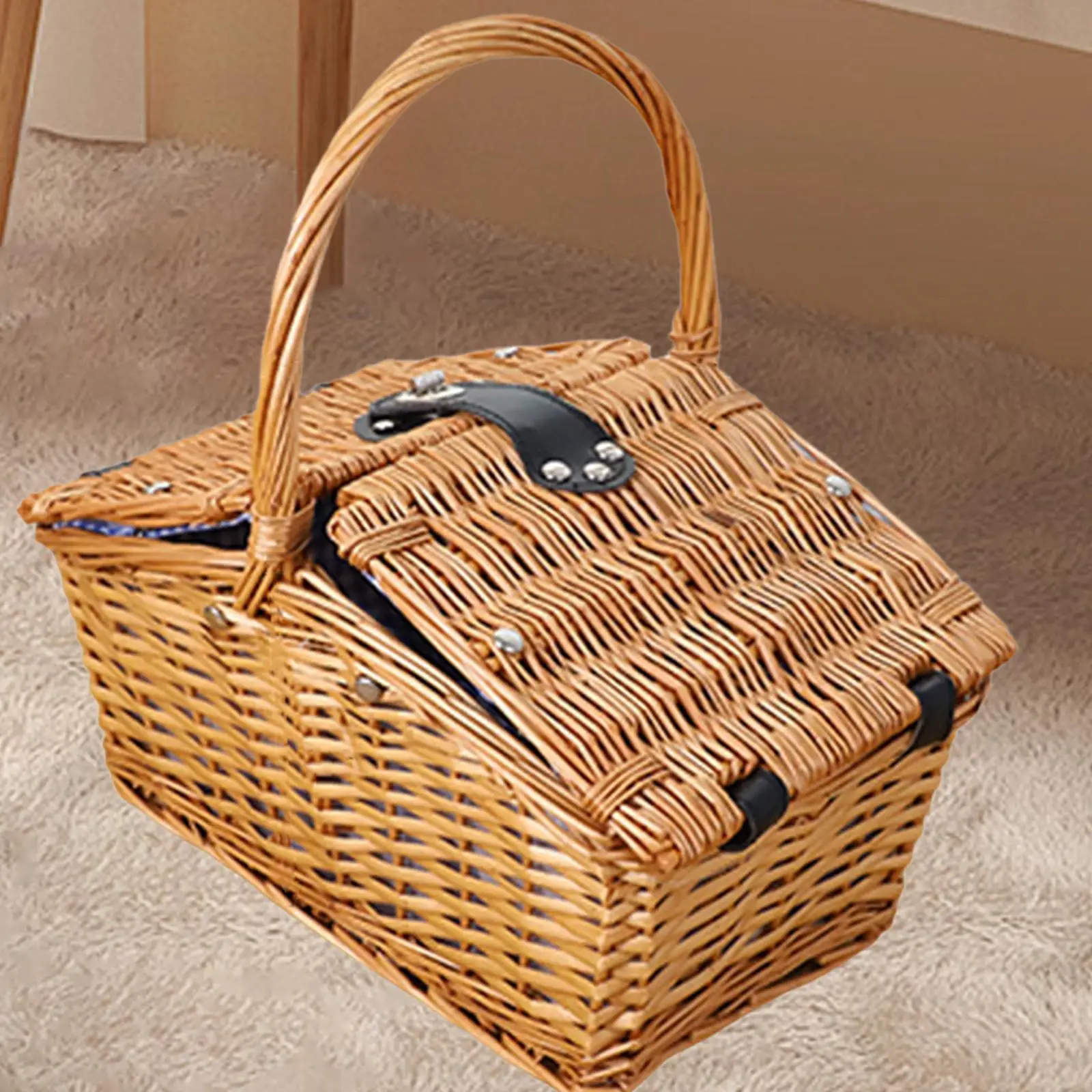 Wicker Picnic Basket Storage Basket Countryside Rustic Sturdy with Lid and Handle Woven Basket for Holiday Room