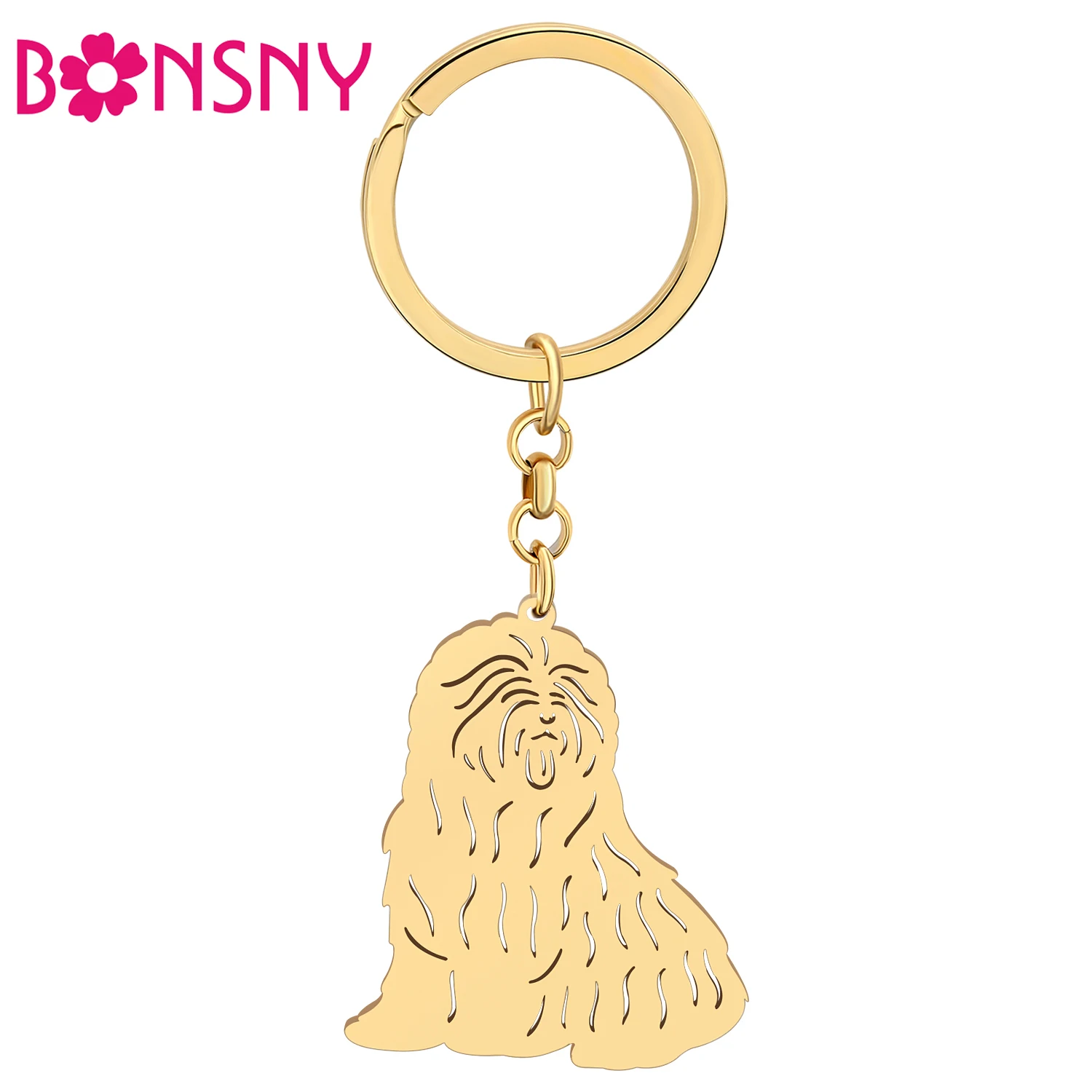 

Bonsny Stainless Steel Gold-plated Cute Long Hair Maltese Dog Key Chains Puppy Pet Animals Keychain Key Ring For Women Girls