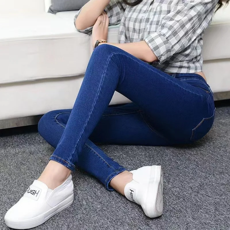 

Женские джинсы с высокой талией, эластичные, облегающие, темно-синие, фасон «карандаш», повседневные брюки из смесового хлопка для молодых женщин