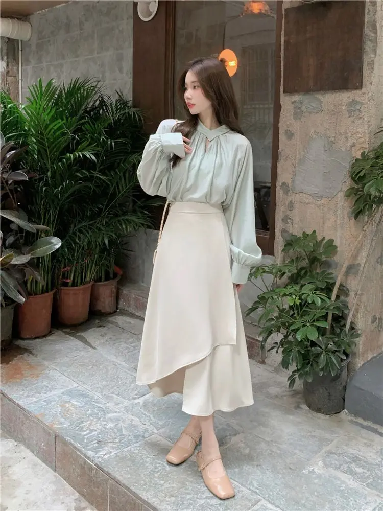 Korea Women Autumn Solid 2 Pieces Set French Stain Long Sleeve Shirt Irregular New Midi Skirt Spring Elegant Fashion Skirt Suits