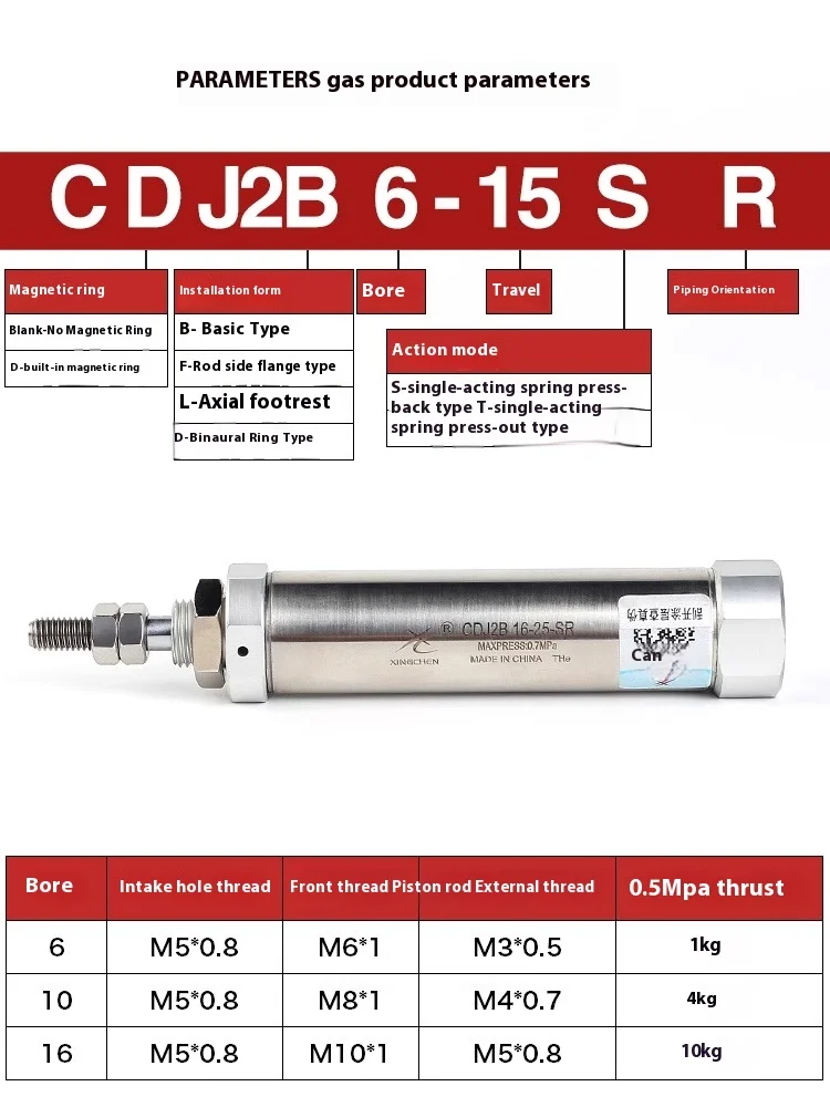 Xingchen Pneumatico Pequeño Bolígrafo De Acero Inoxidable Mini Cilindro PB Entrada De Cola De Acción Única CDJ2B6/10/16-10 S