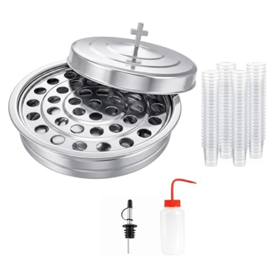

Stainless Steel Communion Tray Set for Church 1Pcs Communion Wine Tray with 1 Lid, 100 Disposable Cups, Cups Filler, Church Com