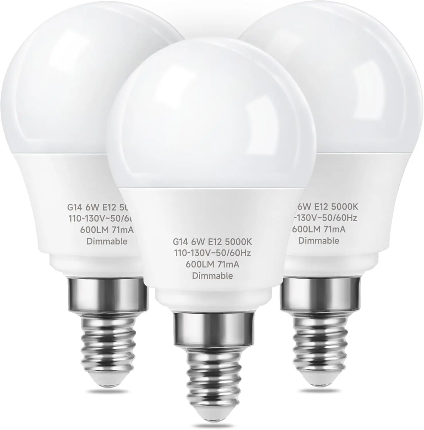 

Dimmable E12 LED Ceiling Fan Bulbs, 6W 5000K Daylight, G14 Chandelier Light, 3 Pack