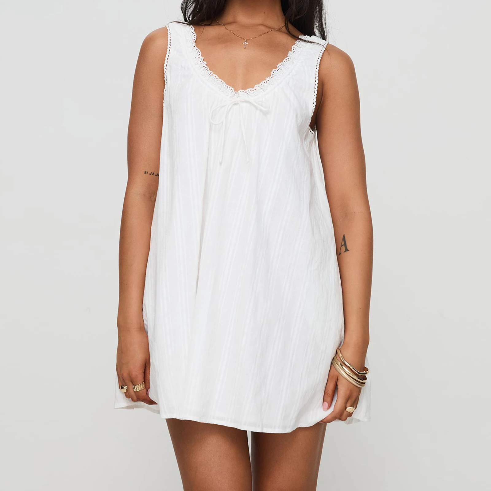 Women V Neck Loose Mini Dress Boho Flowy Tiered Babydoll Sundress Y2K Sleeveless Going Out Dresses