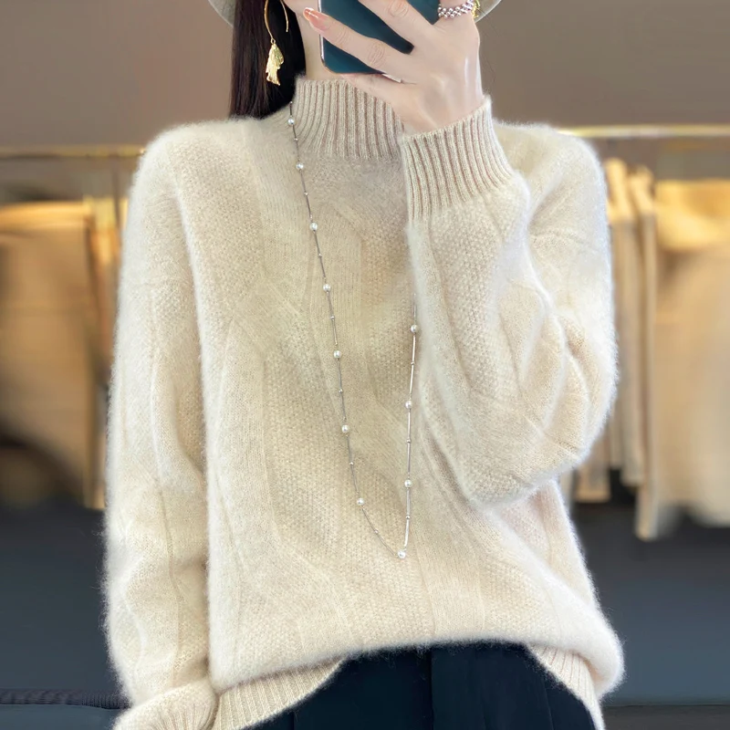 Autumn Winter Women Sweater Mock Neck Turtleneck Knitwear Long Sleeve Half height collar Casual Pullover Tops Female clothing