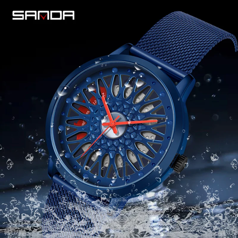 

SANDA P1060 New Watch Men Cool Sports Car Wheel Rim Hub Men's Watches Man Clock Fashion Quartz Wristwatches Relogio Masculino