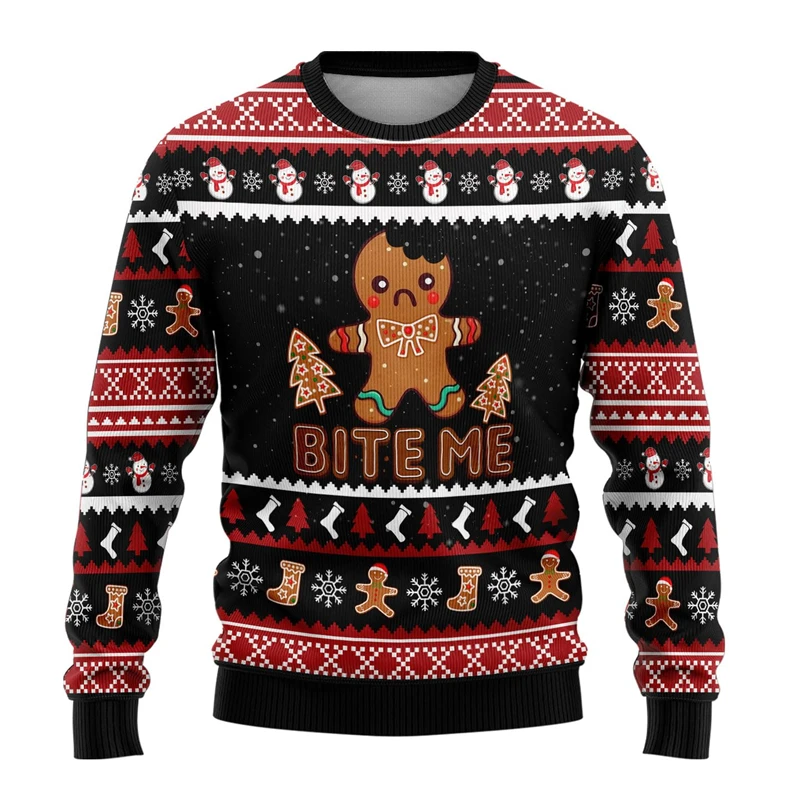 Cute Gingerbread Man Ugly Xmas Sweater Merry Christmas Men Sweater Xmas Holiday Kid Crew Neck Tracksuit Snowman Unisex Pullovers