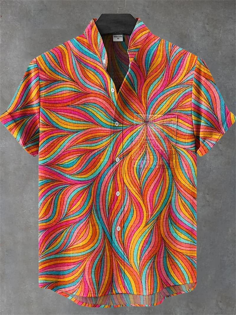 

Новая мужская рубашка с коротким рукавом, полосатая льняная рубашка с 3D солнцезащитным принтом, мужская гавайская рубашка с деревом, удобная ткань