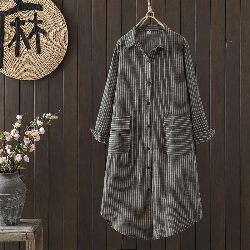 NYFS 2025 Primavera New Vintage Allentato Cotone Lino Donna Camicia Abito Abiti Robe Ete Femme Elbise Manica lunga Strped ShirtDress