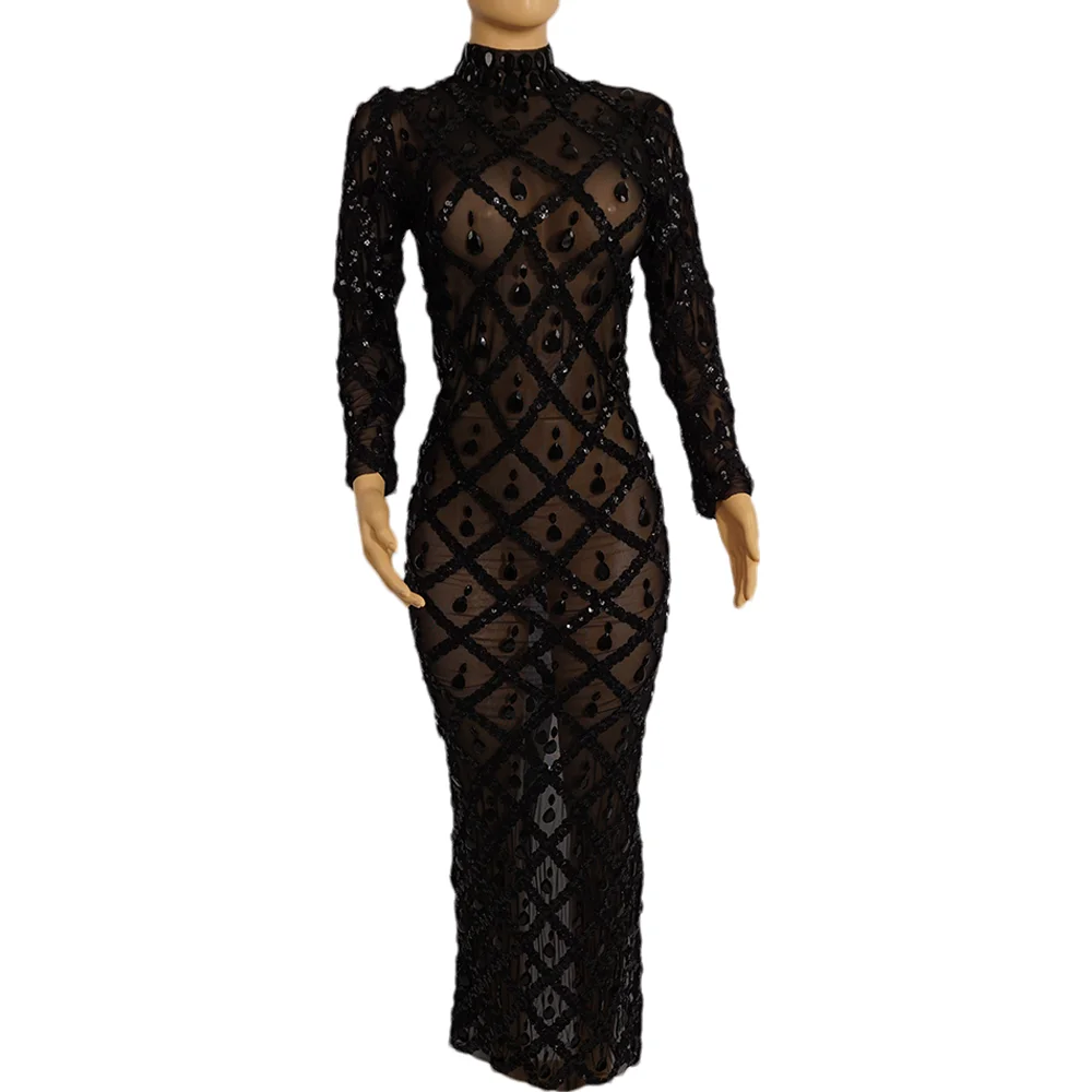 Volledige Wrap Zwarte Stenen Jurk See Through Lange Mouwen Hoge Hals Avondjurk Festival Kleding Rhinstone Prom Speciale Gelegenheid