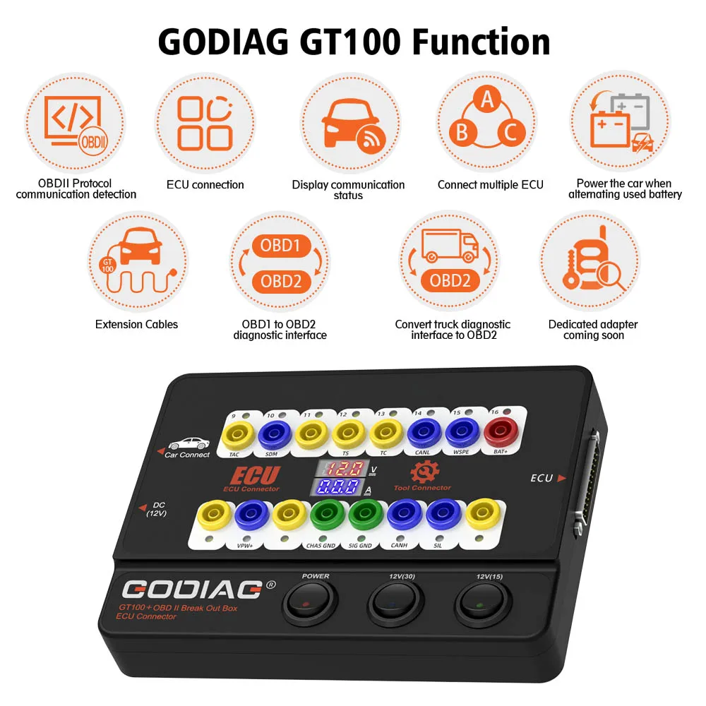 GODIAG GT100+ GT100 Pro OBDII Breakout Box Adds Electronic Current Display and CANBUS Protocol GT100+ ECU Bench Connector