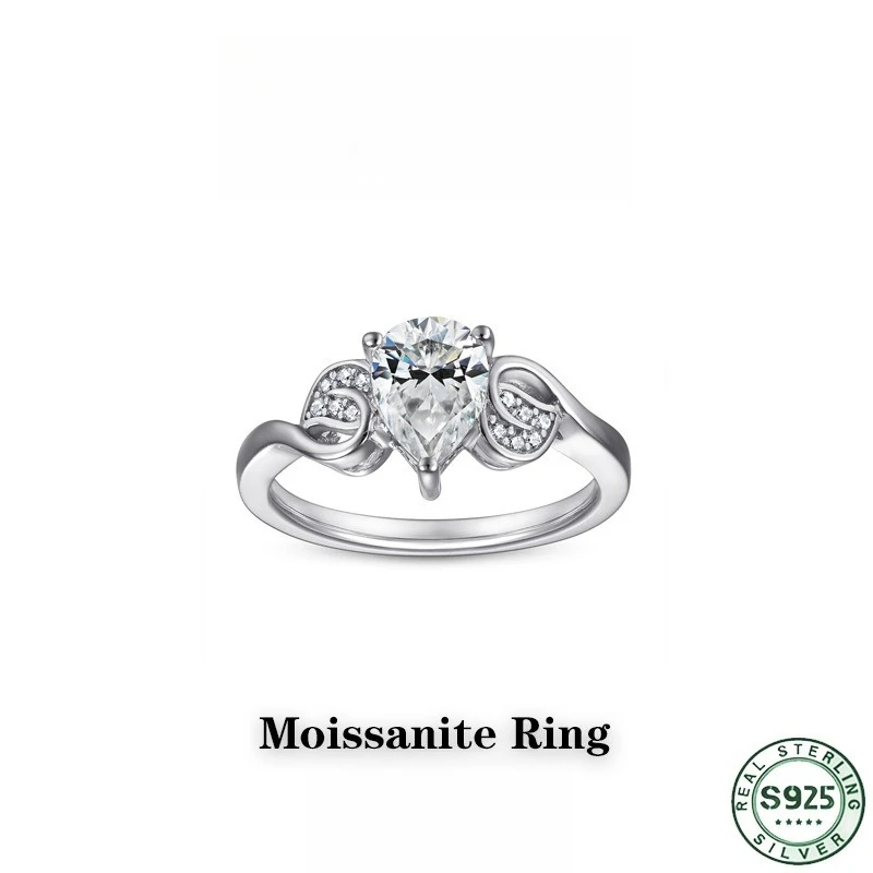 Hot selling fashion 100% s925 pure silver ring, niche high-end feeling, droplet shaped moissanite diamond ring, wedding jewelry