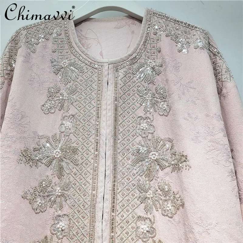

European Station 2026 Spring New Fashion Round Neck Heavy Beading Embroider Women's Outwear Loose Slim Long Sleeves Elegant Tops