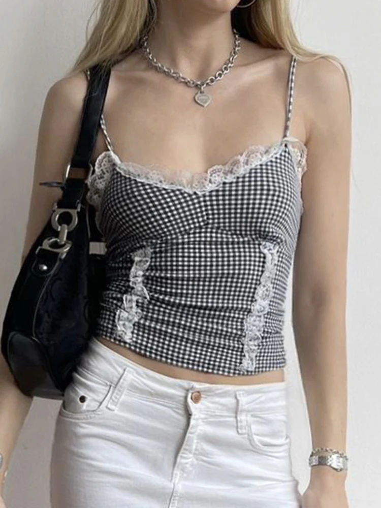 IAMSURE Sweet Patchwork Lace Trim Camis Top Sexy Slim Slash Neck Sleeveless Tank Tops Women 2024 Summer Fashion Streetwear Lady