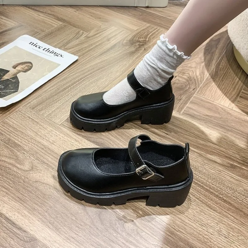 

2024 Women Lolita Shoes Japanese Style Platform Black High Heels Round Toe Mary Janes Leather Shoes College Sweet Student Shoes