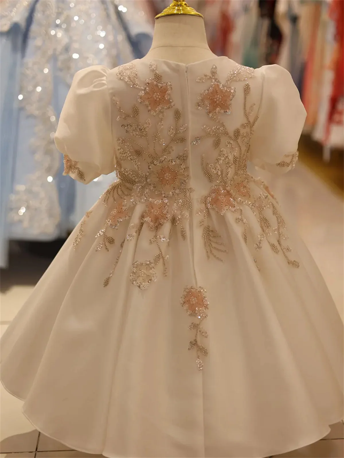 Vestido de flor roxa, Pescoço colher, Fofo Girls Party Dresses para casamento, Puff Sequins, Cerimônia de Natal infantil