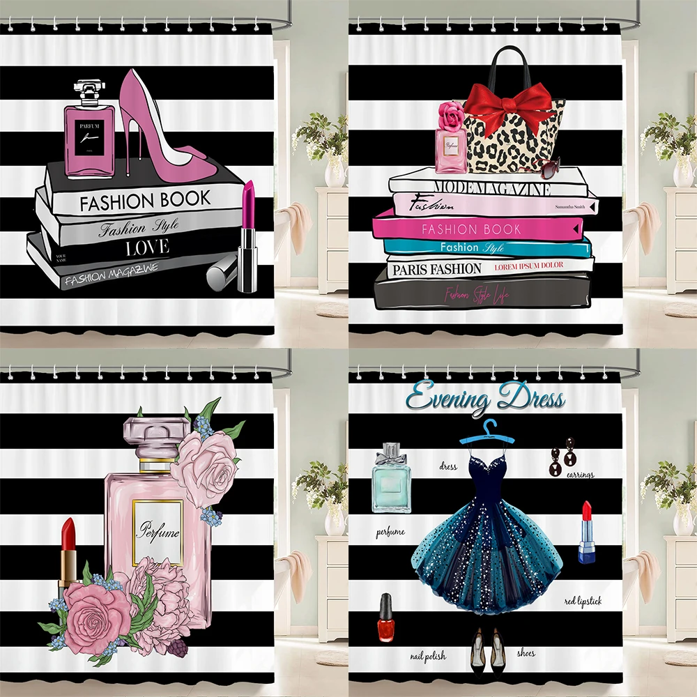 

Modern fashion perfume cosmetics pattern shower curtain printed polyester bathroom curtain with hooks home decoration curtain