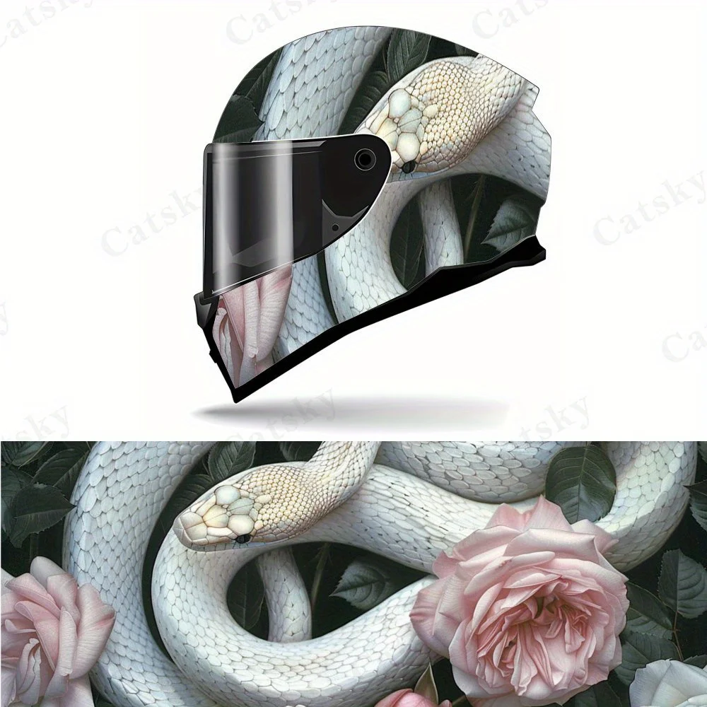 

Cute White Snake Pink Rose PVC Motorcycle Helmet Vinyl Wrap, Self-Adhesive Waterproof Sticker, Anti-Scratch Decorative Film for