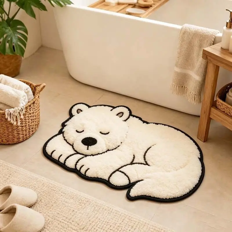 VIKAMA Sleeping Polar Bear Rug Cute Irregular Animal Soft Plush Washable Non‑Slip Bathroom Bedroom Home Floor Mat