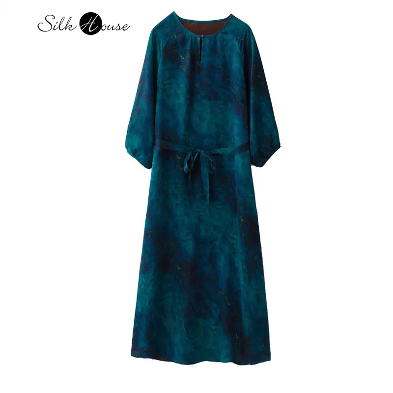 2025 Women's Fashion Summer New 100% Natural Mulberry Silk Jacquard Gambiered Guangdong Gauze Deep Sea Blue Long Sleeve Dress