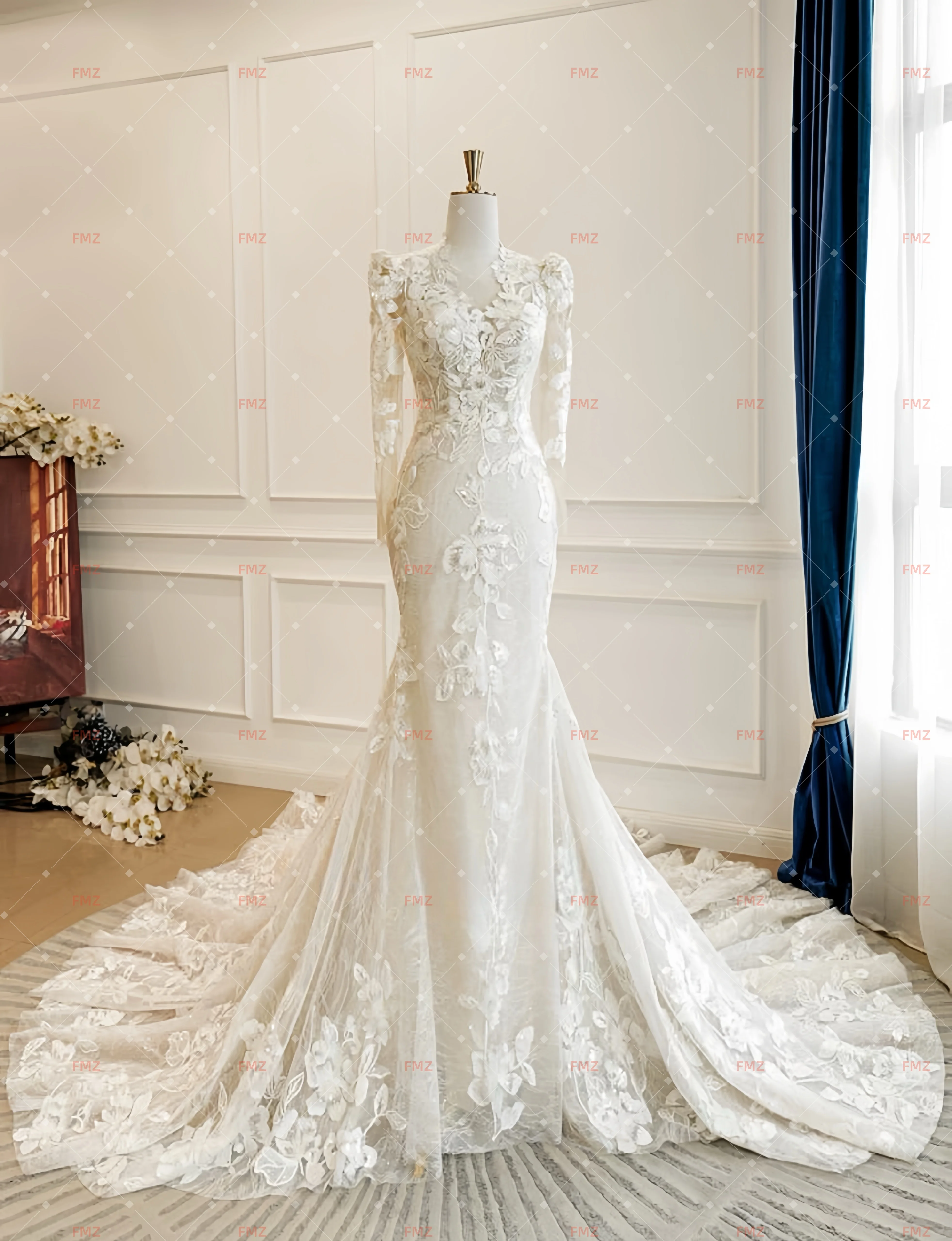 Customziedv-neck manga longa sereia renda sexy vestido de casamento vestidos de novia amanda novias amanda novias oficial