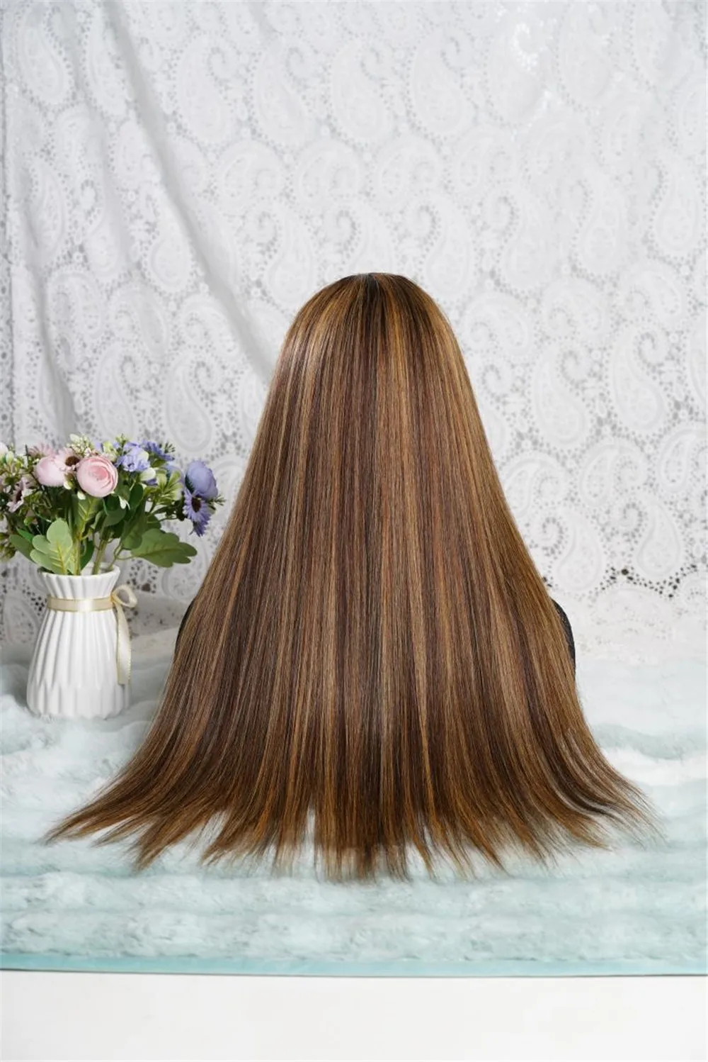 Natural Straight Wig For Black Women Brown Mixed Blonde Streaks Synthetic Lace Frontal Wigs Realistic Look Hairline Women's Wig