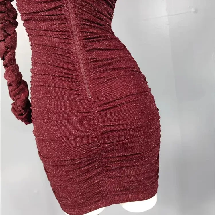 섹시한 순수한 매력의 랩 바디 원숄더 밝은 실 라인 주름 짧은 치마 드레스 크로스보더 트렌디 메쉬 원단 슬림 핏