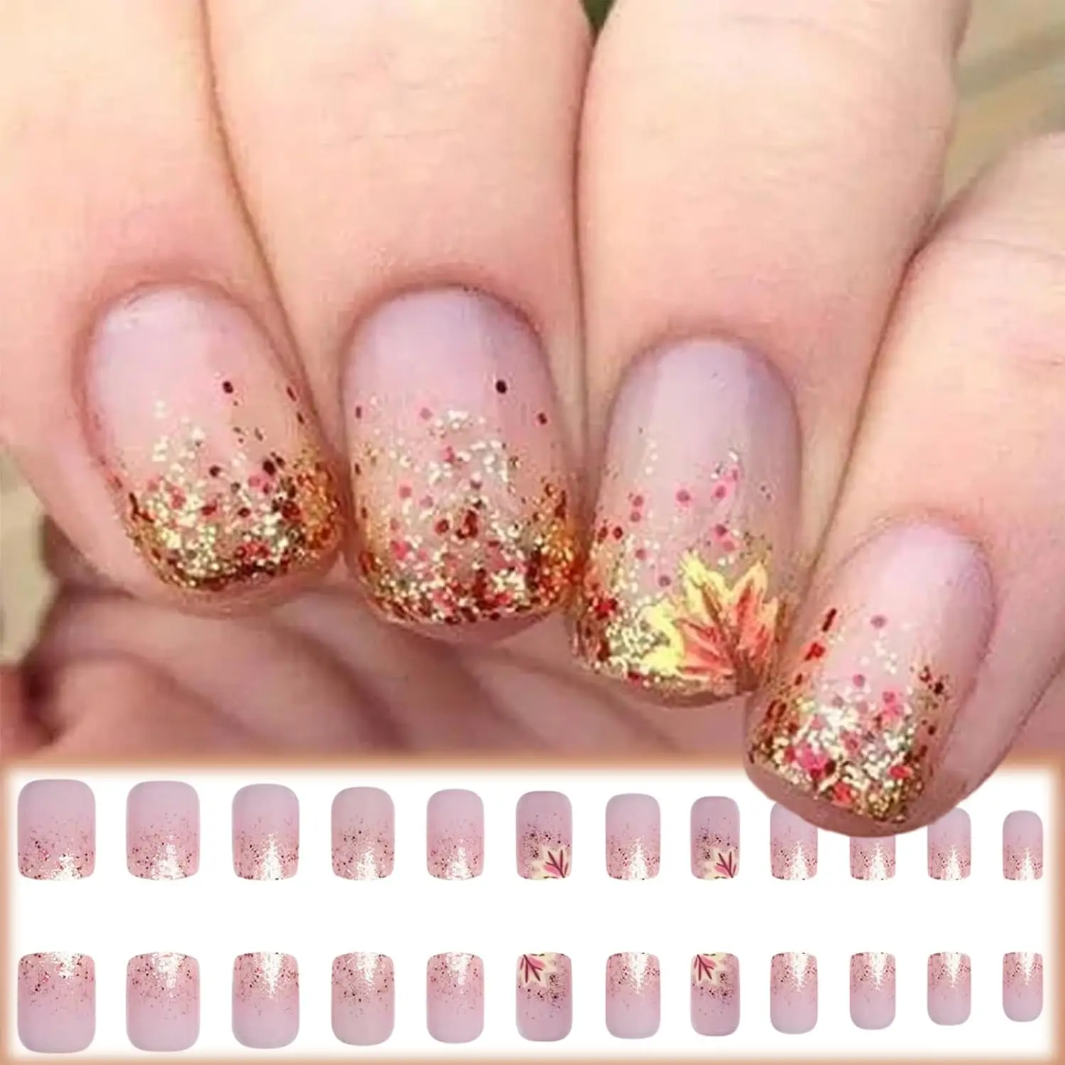 False Nails Fallen Leaves Press on Nails Glossy Gold Glitter Acrylic Fake Nail Gel Glue on Tips Fall Maple Leaves Stick on Nails