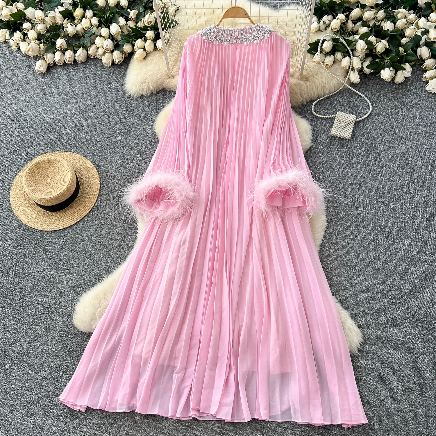Chic vintage long sleeve rhinestone O-neck mesh Elegant Fairy korean fashion Boho women clothing dress