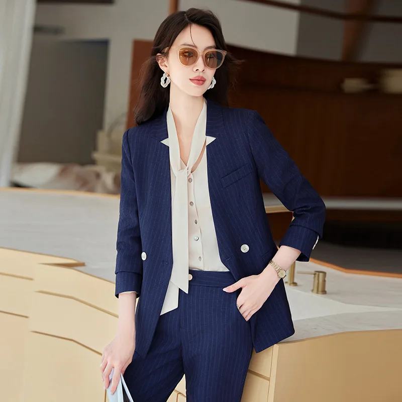 2024High-End Striped Suit Set with Tailoring, Elegant Commuting Professional Fashion Women's Pants Two-Piece Set